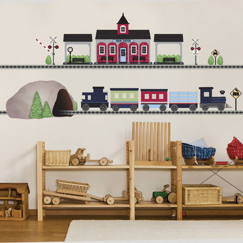 Train Wall Decals Train Station and Tunnel, 15 ft Straight Railroad Track, Color Navy 2 - Wall Dressed Up