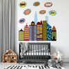Superhero City Wall Decal with Comic Sounds Fabric Eco-friendly Repositionable Superhero Decals