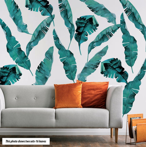 8 Large Banana Leaves Blue Green Wall Decals, Eco Friendly Tropical Decals - Wall Dressed Up
