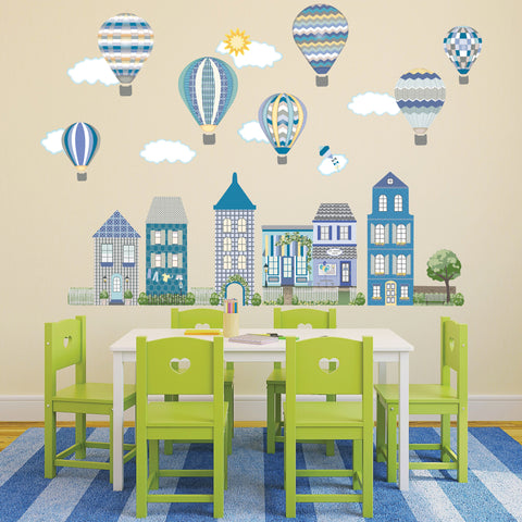 Large Town Wall Decals, Hot Air Balloons & Cloud Wall Decals, Nursery Wall Decals, Eco Friendly Removable Wall Stickers Col. 2