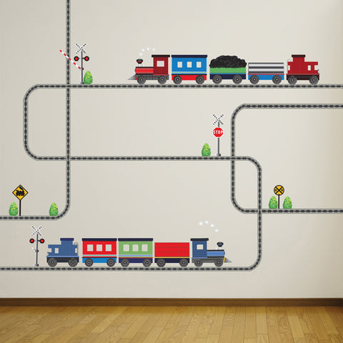 Wall Decals 2 Freight Train with Straight and Curved Railroad Track Color 1 - Wall Dressed Up