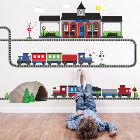 2 Freight Trains, Train Station and Tunnel Wall Decals with Straight & Curved Railroad Track Col.1 