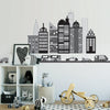 Cityscape Wall Decal, Black and White City Skyline Wall Decal with Cars and Straight Black Road 