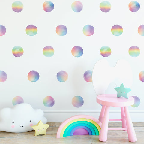 Rainbow Watercolor Dot Decals, 4" Polka Dot Decals, Repositionable Wall Decals Eco-Friendly Peel & Stick Fabric Decals - Wall Dressed Up