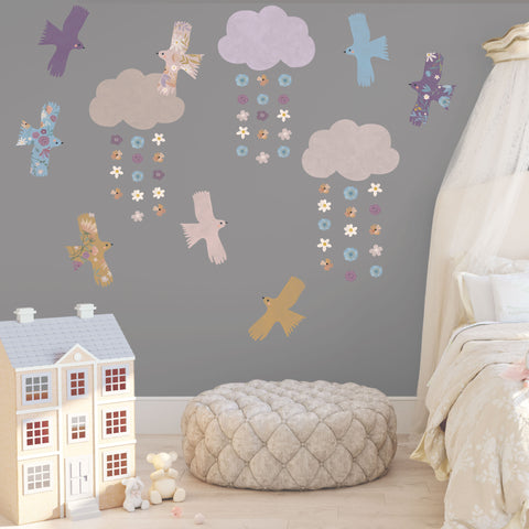 Birds Clouds and Flower Wall Decals, Peace Dove Decals, Eco-friendly Cloud Decals, Nursery Wall Decals, Girls Wall Decals