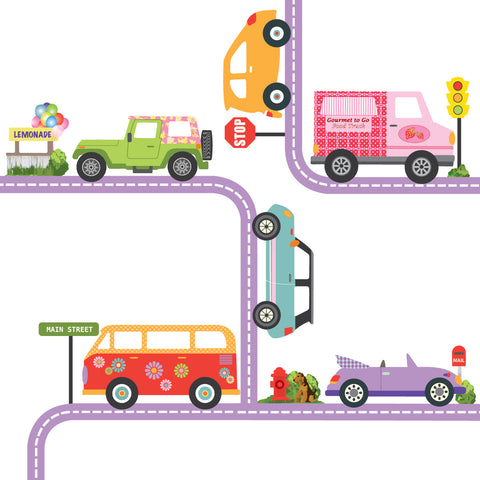 Colorful Girls Adventure Cars Wall Decals with Road Purple Straight and Curved - Wall Dressed Up