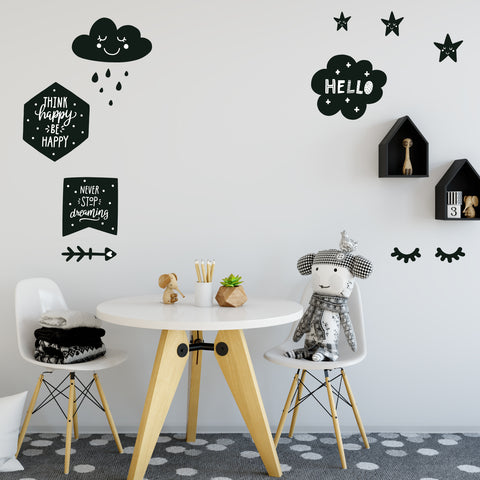 Scandinavian Decals, Black and White, Sleepy Eyes, Clouds, Arrow, Stars, Fabric Wall Decals - Wall Dressed Up