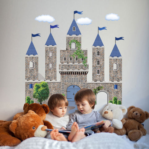 Stonewall Medieval Castle Wall Decal with Blue Turrets & Flags Wall Stickers - Wall Dressed Up