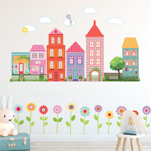 Girl's Dollhouse Town Wall Decals with Flower Border, Eco-Friendly Flower Wall Stickers, CItyscape Wall Decals, Girls Wall Decals - Wall Dressed Up