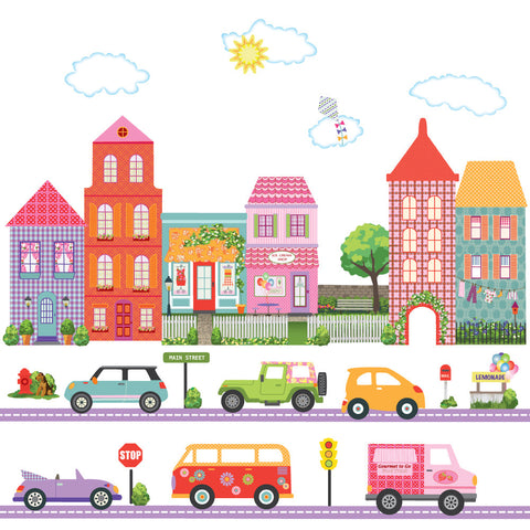Large Girl's Dollhouse Town and Car Wall Decals,  Purple Straight Road Decals - Wall Dressed Up