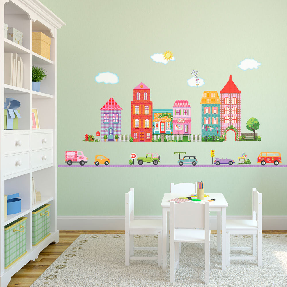 Large Girl's Dollhouse Town Wall Decals and Car Wall Decals, w/Purple