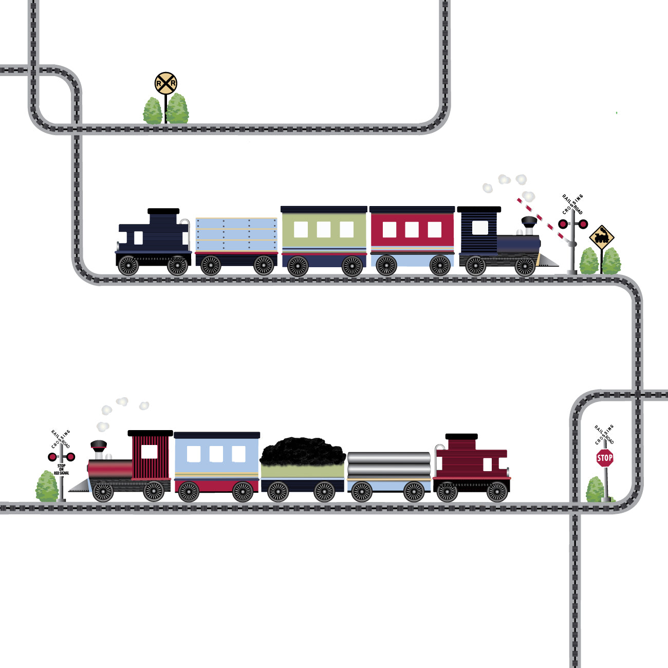 Two Train Wall Decals with Straight and Curved Railroad Track Col 2 ...