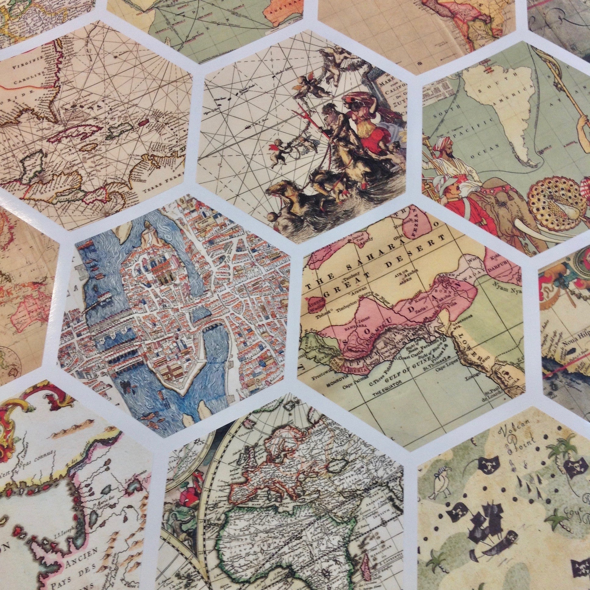 32 Hexagon Map Wall Decals, Peel and Stick Vintage World Map Decals