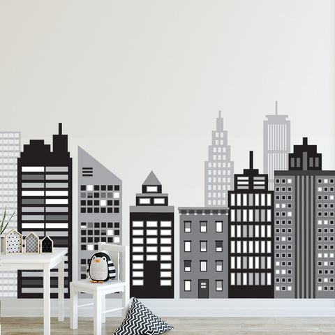 Large Cityscape Wall Decals, Black and White City Skyline Wall Decals, Cityscape Wall Stickers - Wall Dressed Up