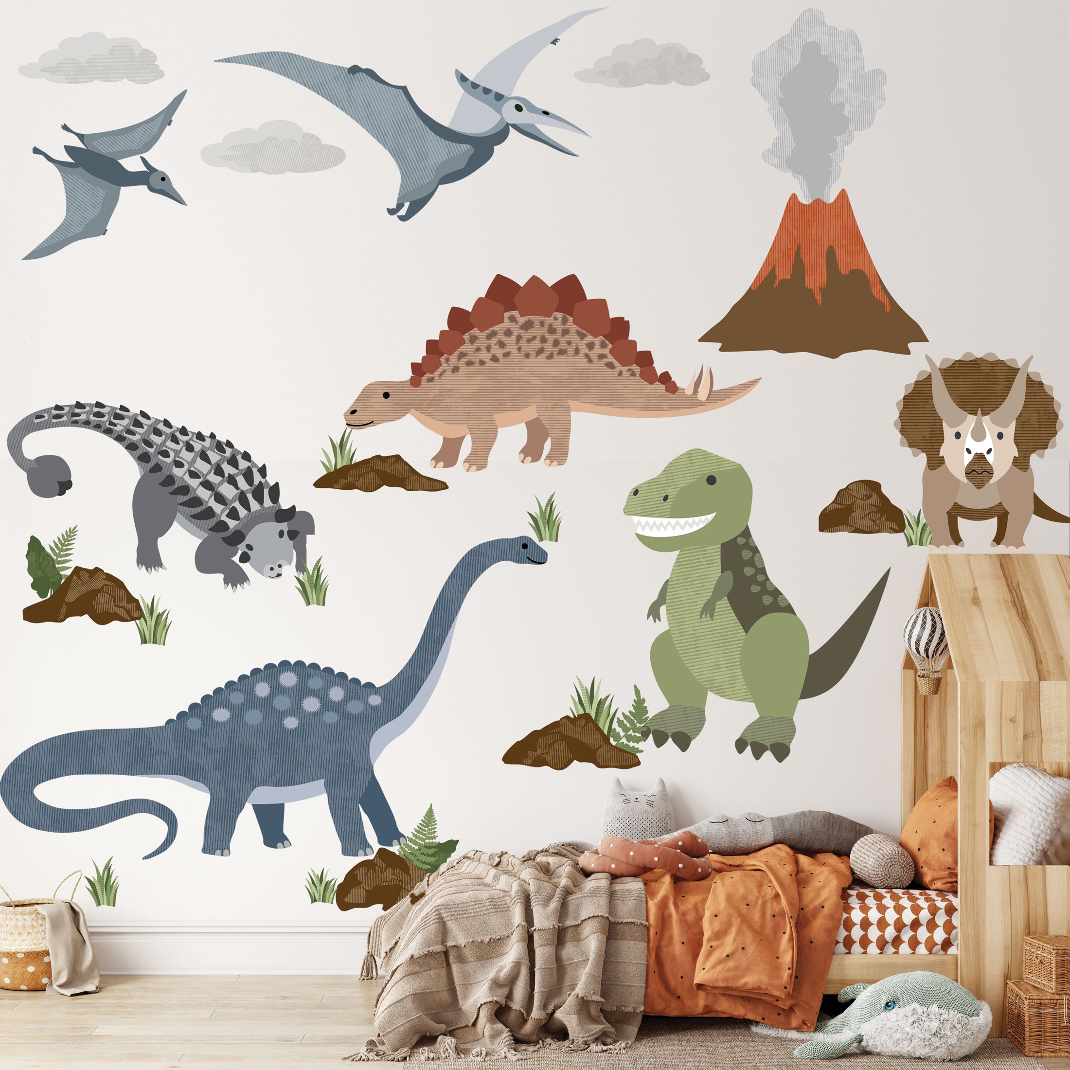 Large Dinosaur Wall Decals, Nursery Wall Stickers, Volcano Wall Decal,  T-Rex Wall Sticker