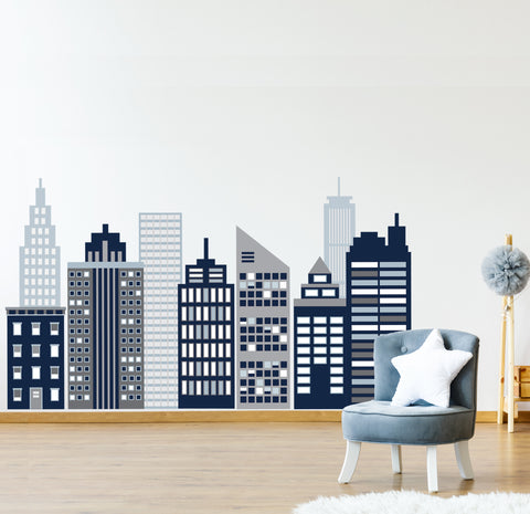 Large Navy Cityscape Wall Decals, City Skyline Wall Decals, Cityscape Wall Stickers - Wall Dressed Up