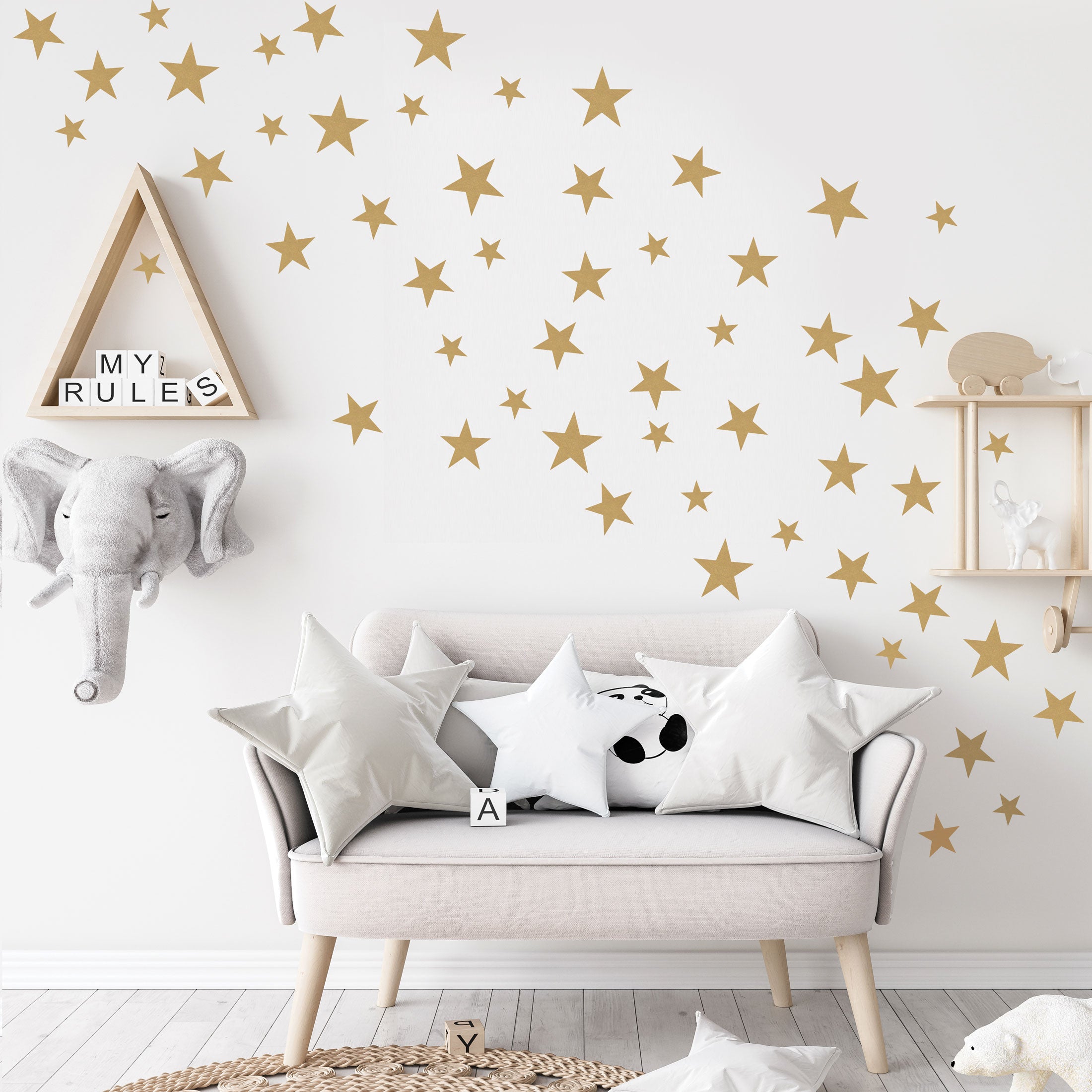 55 Metallic Silver or Gold Five Point Star Vinyl Wall Decals (multi
