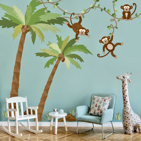 Large Monkey Wall Decals on Vines Palm Tree Wall Decals Nursery Wall Decals, Peel and Stick Eco Friendly Wall Stickers