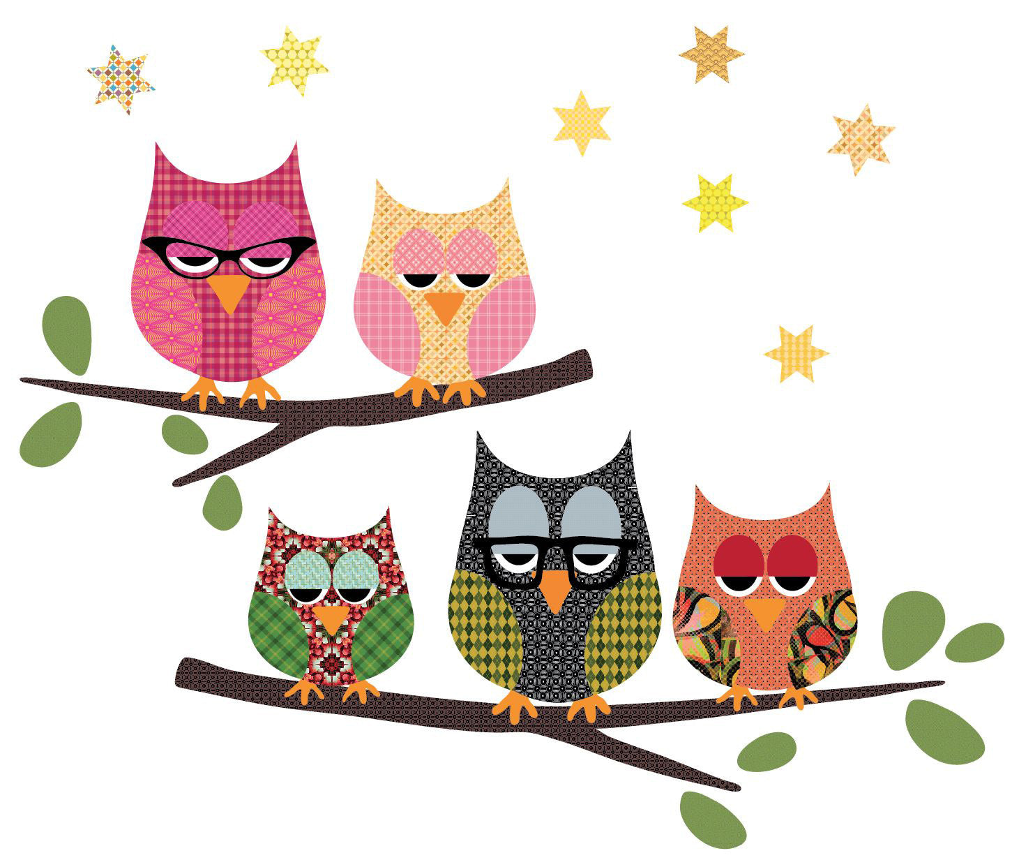 Owl Decals Five Owls on Branch Wall Decals, Eco-Friendly Fabric Wall S