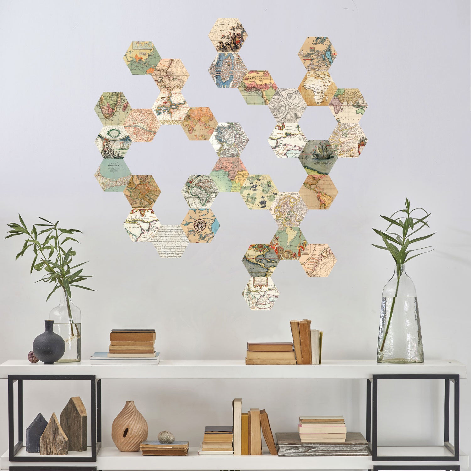 32 Hexagon Map Wall Decals, Peel and Stick Vintage World Map Decals