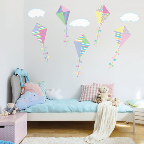 Wall Decals Pastel Kites Fabric Wall Decals with Clouds, Col. 3, Eco Friendly Peel and Stick Reusable Fabric Wall Stickers - Wall Dressed Up