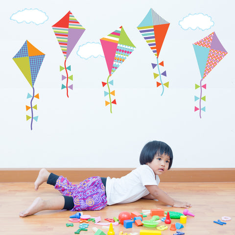 Multicolor Kite Wall Decals with Clouds, Reusable Eco-Friendly Wall Stickers, Col.1 - Wall Dressed Up