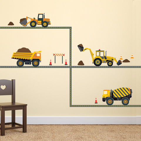Four Construction Vehicle Wall Decals with Straight Gray Road, Eco-Friendly Fabric Wall Stickers - Wall Dressed Up