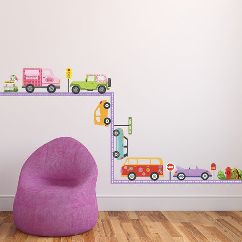Colorful Girls Adventure Cars with Purple Straight Road Wall Decals - Wall Dressed Up