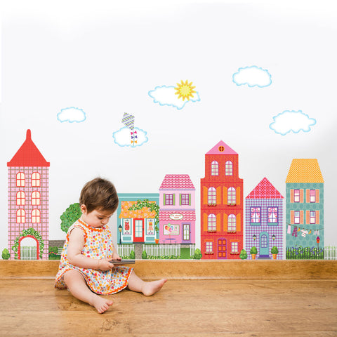 Large Girl's Dollhouse Town Wall Decals, Removable Eco-Friendly Peel and Stick Fabric Wall Stickers - Wall Dressed Up