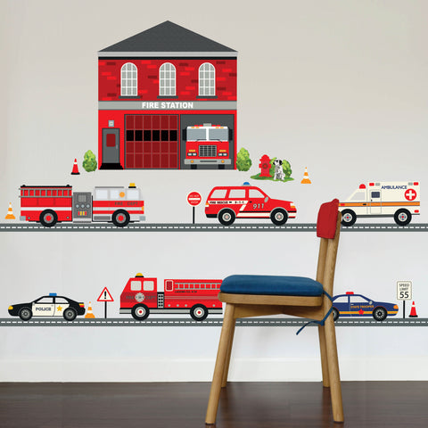 Fire Station Wall Decal, Fire Engine Wall Sticker, 5 Emergency Vehicles plus 15 Ft of Straight Road