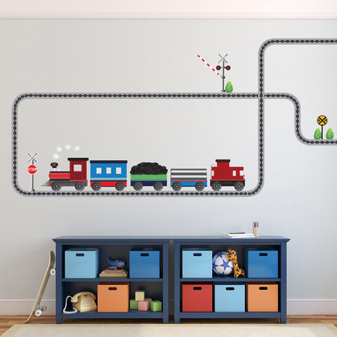 Red Caboose Freight Train Wall Decals & Railroad Track Straight & Curved (Left Facing) Col. 1 - Wall Dressed Up