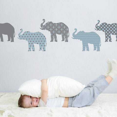 Eight Patterned Gray and Baby Blue Elephant Wall Decals, Eco-Friendly and Reusable Decals - Wall Dressed Up