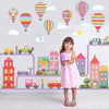 Girl's Dollhouse Town Wall Decals, Hot Air Balloons, Cars, and Straight & Curved Purple Road - Wall Dressed Up