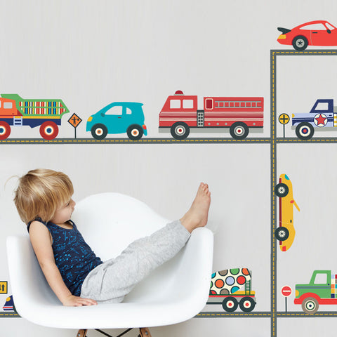 Terrific Trucks and Cool Cars Wall Decals & Straight Road, Matte, Fabric Decals, Peel and Stick, Wall Decals - Wall Dressed Up