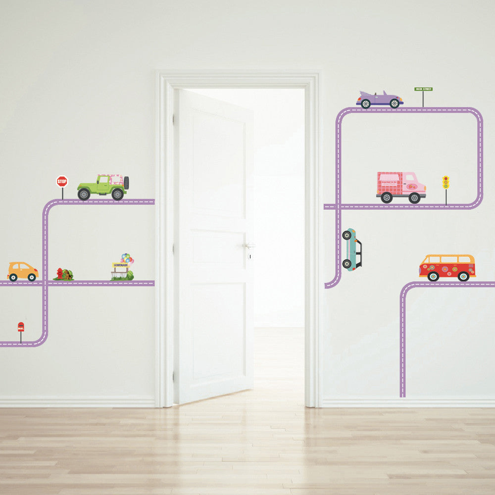 Colorful Girls Adventure Cars Wall Decals with Road Purple Straight an