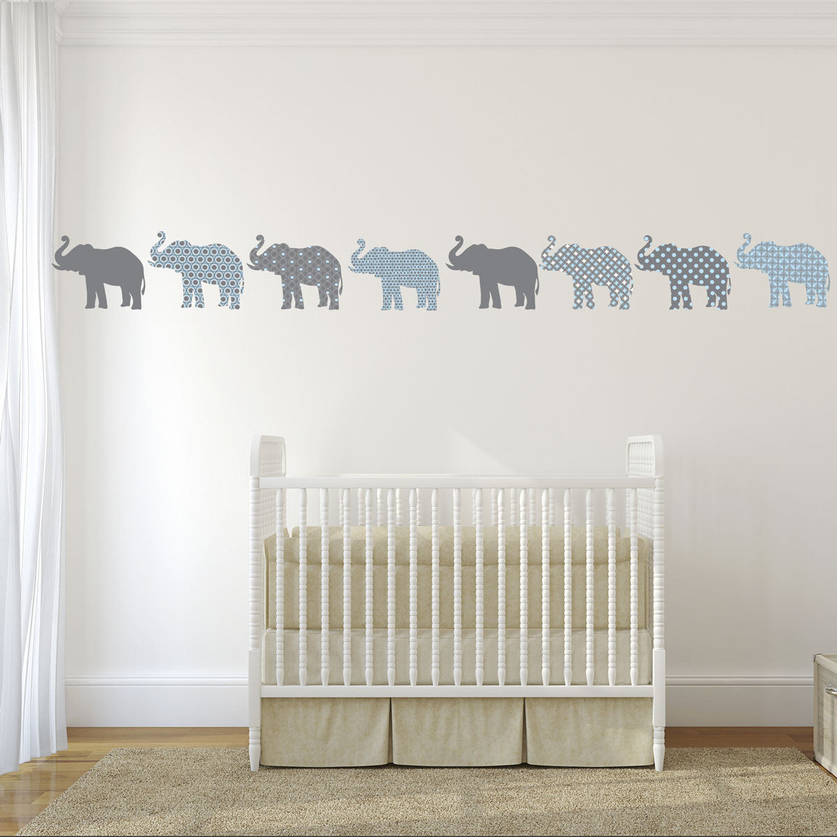 Eight Patterned Gray and Baby Blue Elephant Wall Decals, Eco-Friendly