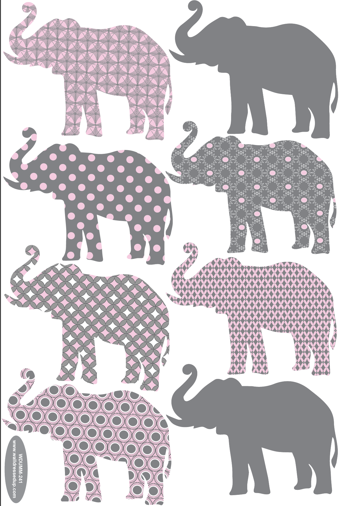 Eight Patterned Gray and Baby Pink Elephant Wall Decals, EcoFriendly