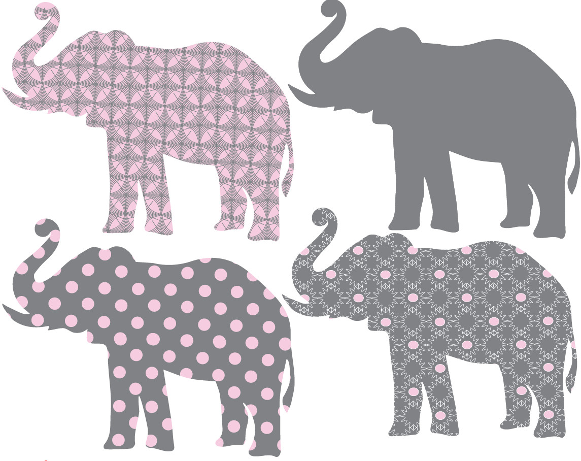 Eight Patterned Gray and Baby Pink Elephant Wall Decals, Eco-Friendly