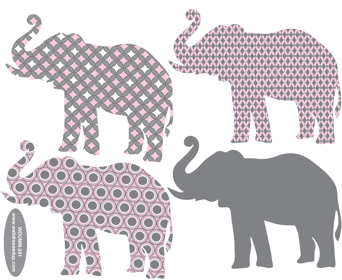 Eight Patterned Gray and Baby Pink Elephant Wall Decals, EcoFriendly