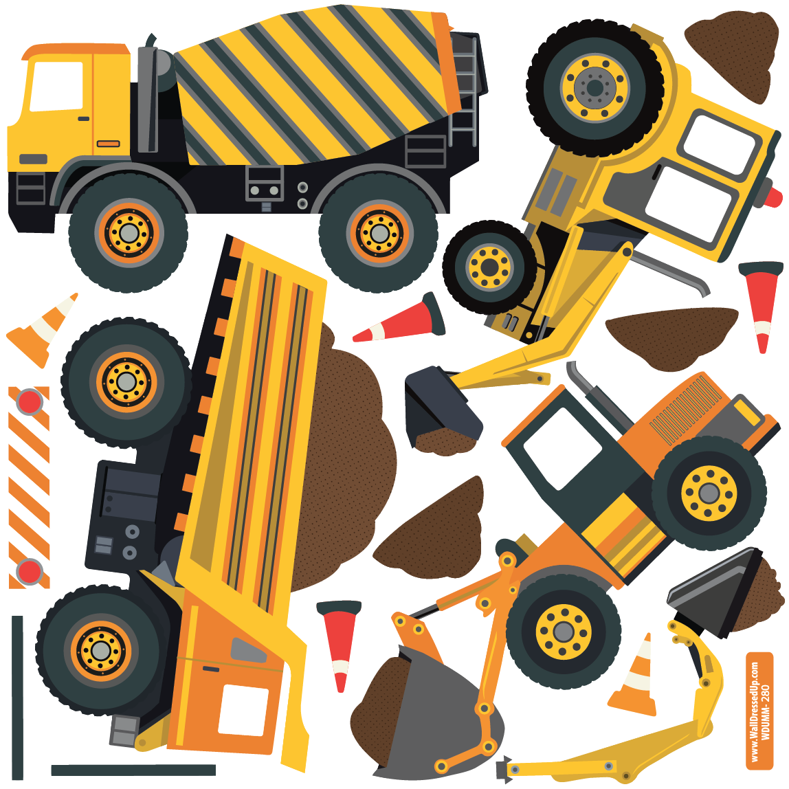 Four Construction Vehicle Wall Decals with Straight Gray Road and Large