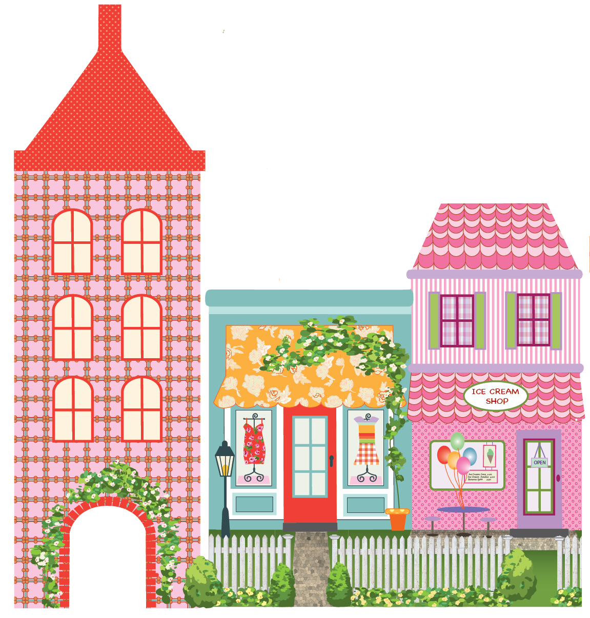 Girl's Dollhouse Town Wall Decals, Removable and Reusable Peel and Sti