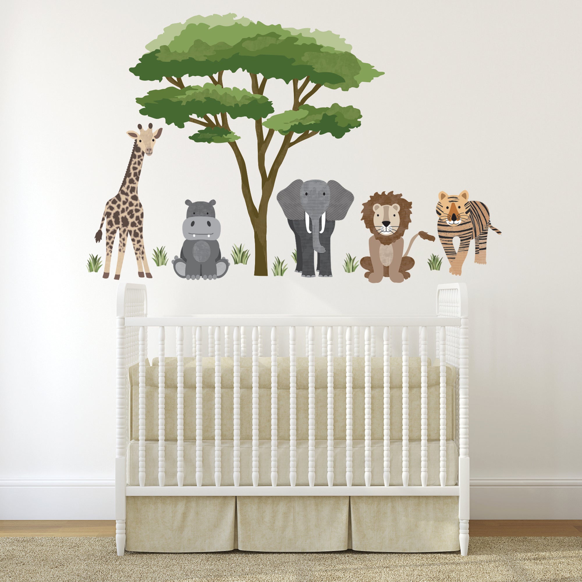 Large Safari Animal Wall Decals with Acacia Tree, Nursery Wall Decals,  Jungle Wall Stickers, African Animal Wall Decals