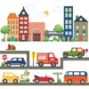 Busy Transportation Town Wall Decals with Adventure Cars and Straight Gray Road - Wall Dressed Up