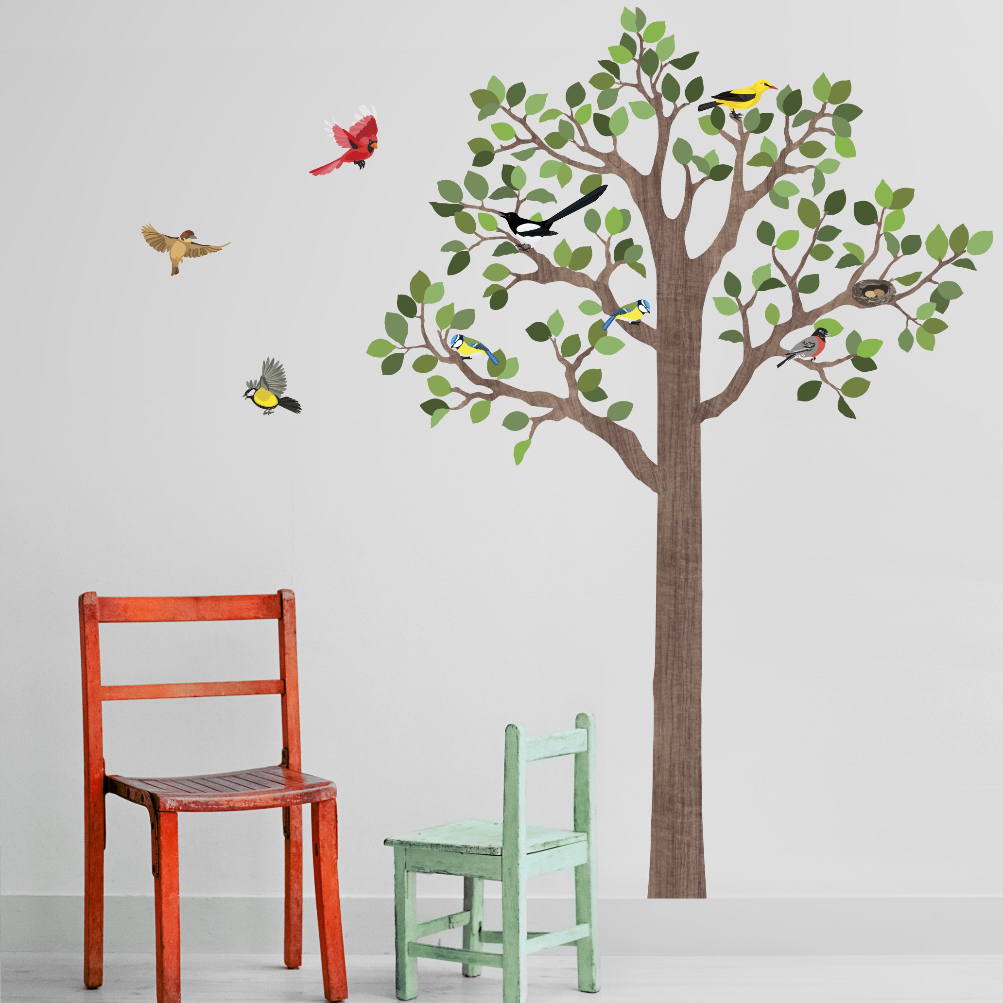 Large Woodland 7FT Tree Wall Decals, Bird Wall Decals Optional, Eco-Fr