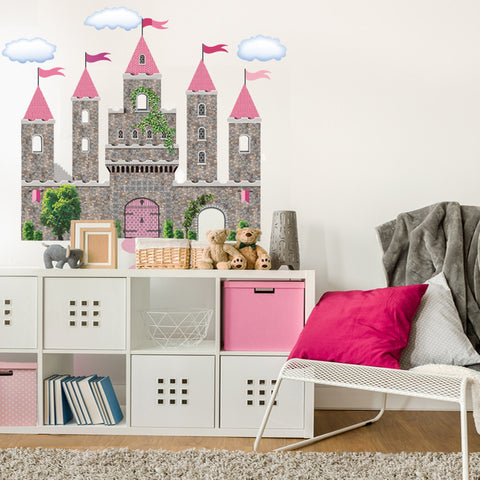 Pink Fairytale Princess Stone Castle Wall Decals with Turrets and Flags - Wall Dressed Up