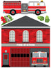 Fire Station Wall Decal, Fire Engine Wall Sticker, 5 Emergency Vehicles plus 15 Ft of Straight Road