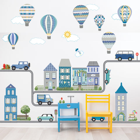 Big Blue Adventure Town Wall Decals, Hot Air Balloon Decals, Cars, 30 ft Straight Curved Road