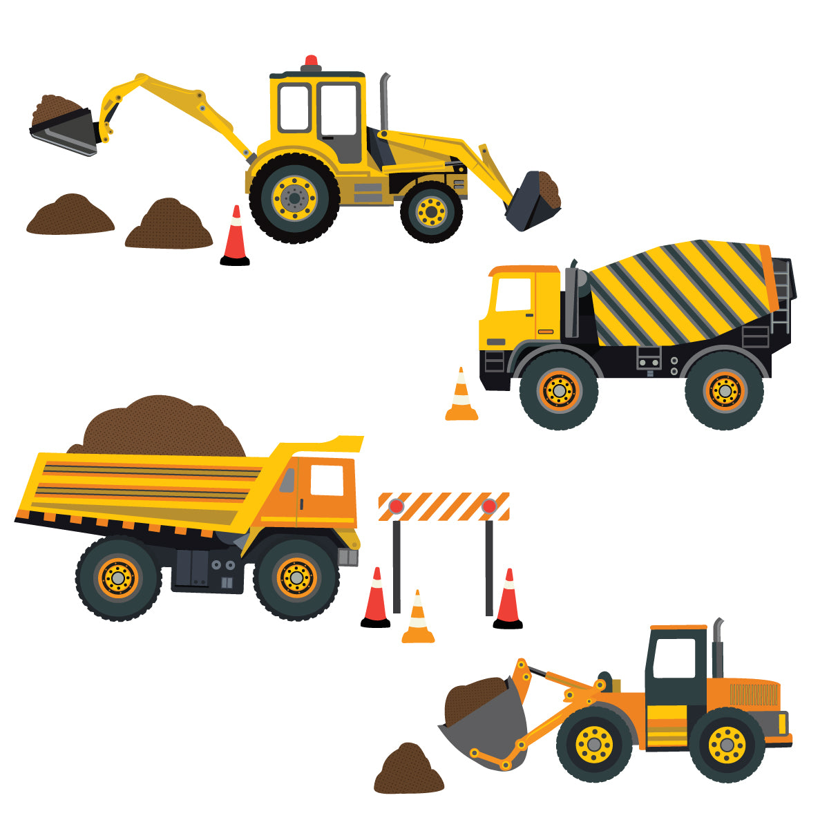 Four Construction Vehicle Wall Decals, EcoFriendly Fabric Wall Sticke