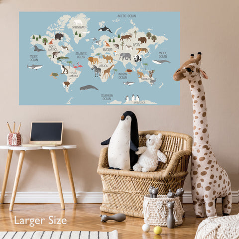 Animals of the World Map Wall Decal, Peel and Stick, Kids World Map Wall Mural, World Map with Animals Wall Sticker