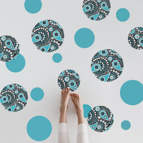 Large Turquoise, Black and White Paisley Dot Wall Decals, Matte Fabric Wall Stickers - Wall Dressed Up